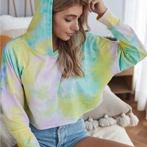Pastel Tie Dye Cropped Hoodie | Lightweight Lounge Pullover | NWT